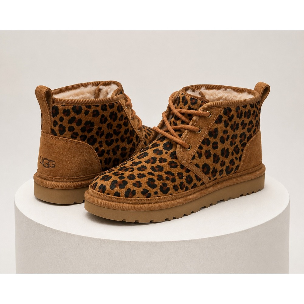 UGG Neumel Leopard Calf Hair Ankle Boots Chestnut Brown Animal Print Mens Womens